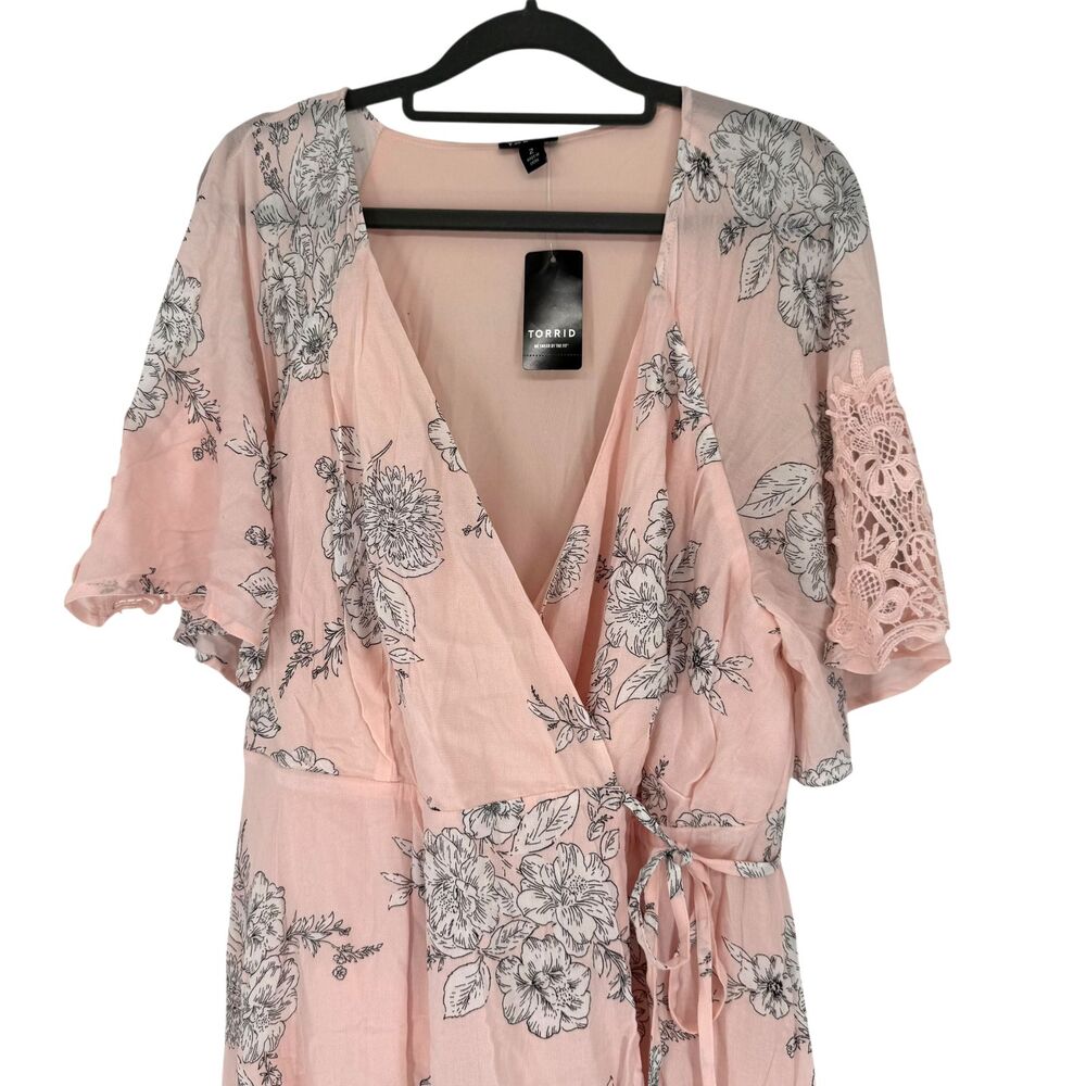 Torrid Floral Wrap Midi Dress 2X Pink Lace Flutter Sleeve Challis Lined Boho NWT - Picture 4 of 11